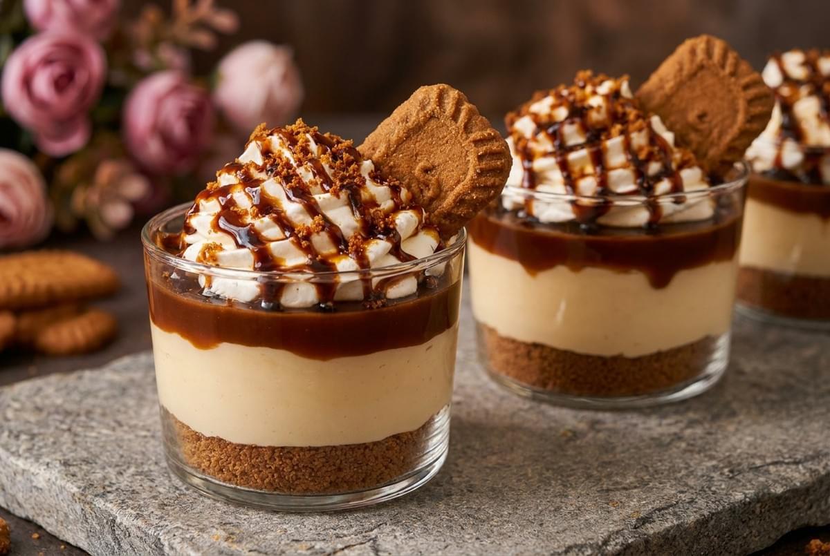 Three glass cups of layered Biscoff cheesecake topped with whipped cream and caramel drizzle. Three glass cups of layered Biscoff cheesecake topped with whipped cream and caramel drizzle.