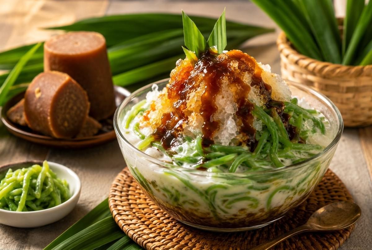 Bowl of traditional Cendol dessert topped with shaved ice, green jelly noodles, and gula melaka syrup. Bowl of traditional Cendol dessert topped with shaved ice, green jelly noodles, and gula melaka syrup.