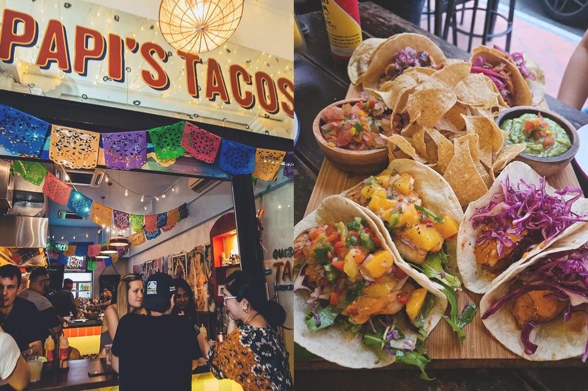 Papi's Tacos store front tacos on table Papi's Tacos store front tacos on table