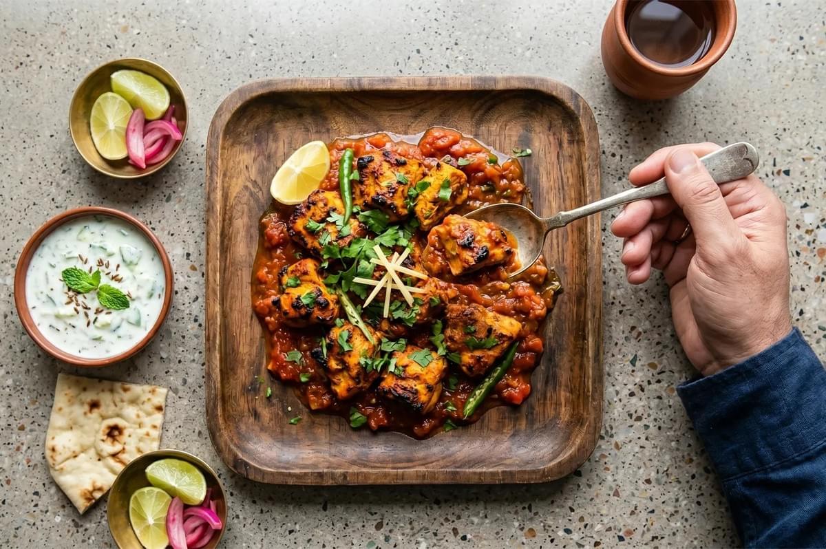 Chicken tikka masala on a wooden plate served with raita, naan bread, and fresh lime wedges. Chicken tikka masala on a wooden plate served with raita, naan bread, and fresh lime wedges.