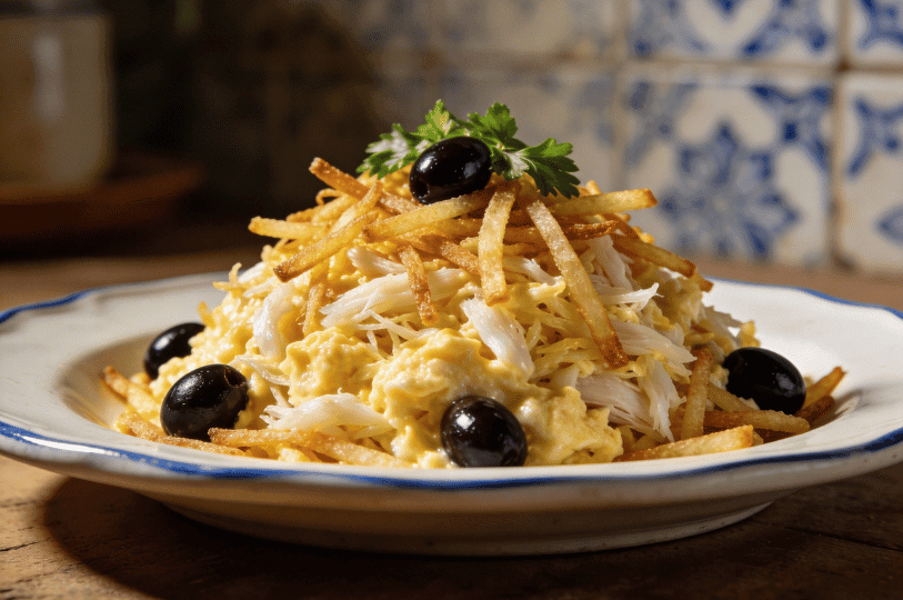 Close-up profile of the dish, emphasizing the texture of the crispy "batata palha" (matchstick potatoes) mixed with the moist, creamy egg and cod flakes. Close-up profile of the dish, emphasizing the texture of the crispy "batata palha" (matchstick potatoes) mixed with the moist, creamy egg and cod flakes.