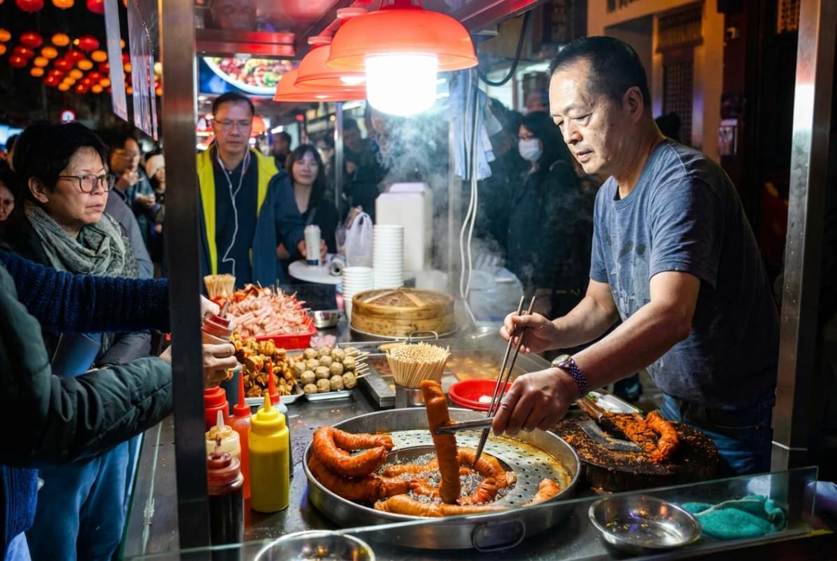Street food vendor using tongs to prepare fried sausages at a busy night market stand. Street food vendor using tongs to prepare fried sausages at a busy night market stand.