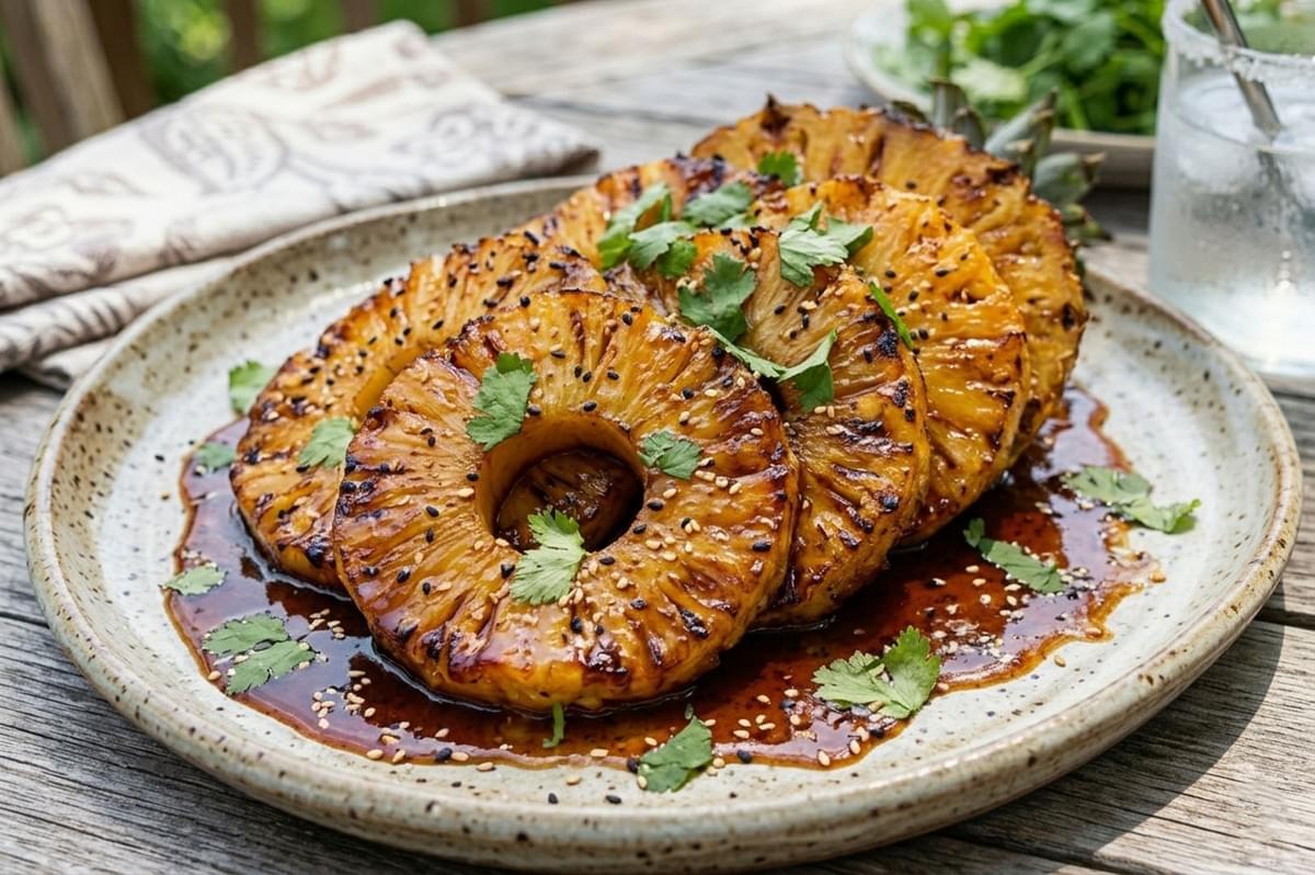 Glazed caramelized pineapple rings garnished with sesame seeds and fresh cilantro served on a speckled ceramic plate Glazed caramelized pineapple rings garnished with sesame seeds and fresh cilantro served on a speckled ceramic plate