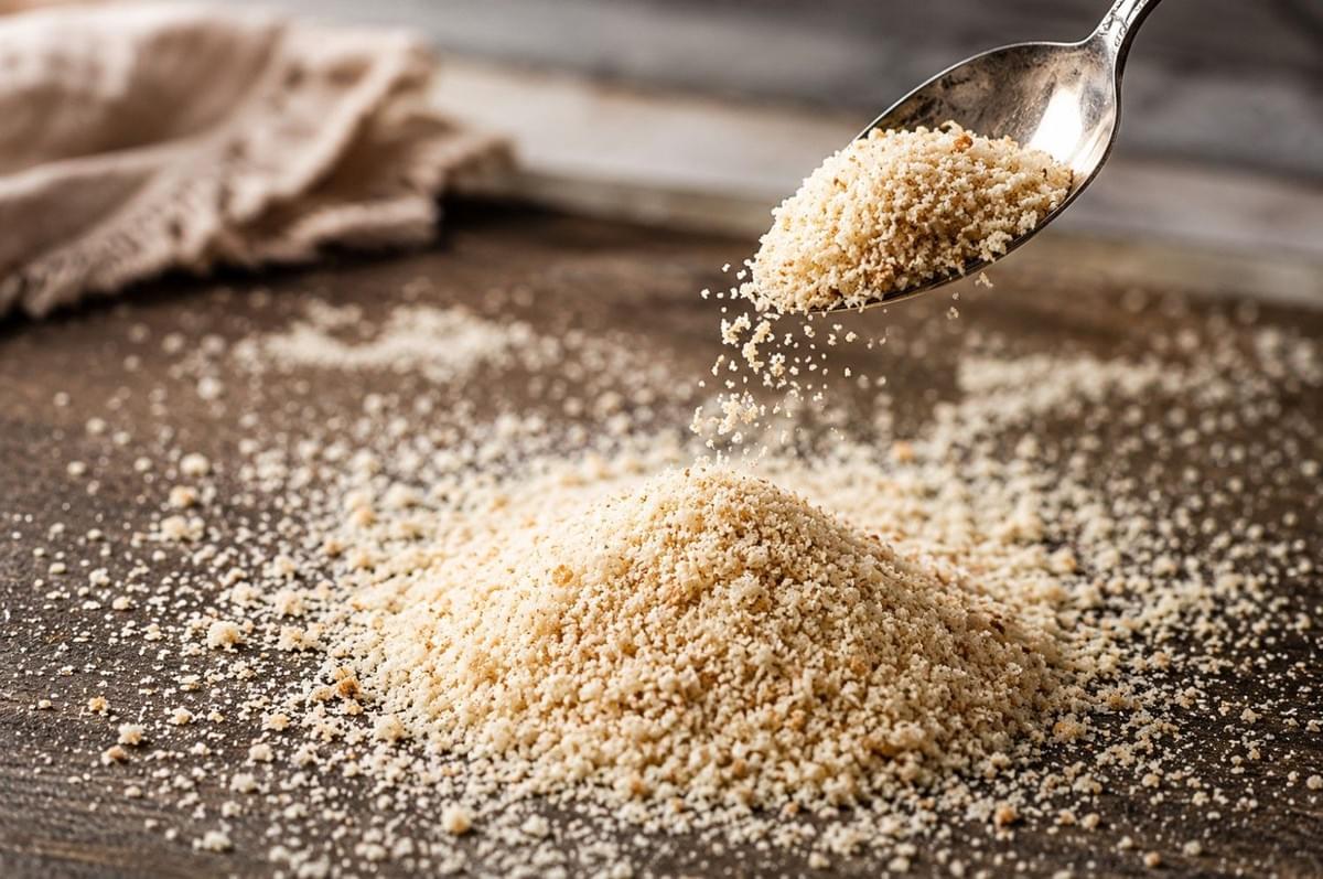 Spoon pouring fine breadcrumbs onto a pile on a dark wooden surface. Spoon pouring fine breadcrumbs onto a pile on a dark wooden surface.