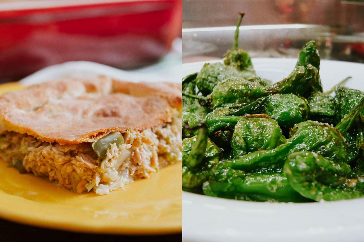 Tuna Galician empanada slice on a yellow plate with blistered Pimientos de Padrón sprinkled with coarse salt. Tuna Galician empanada slice on a yellow plate with blistered Pimientos de Padrón sprinkled with coarse salt.