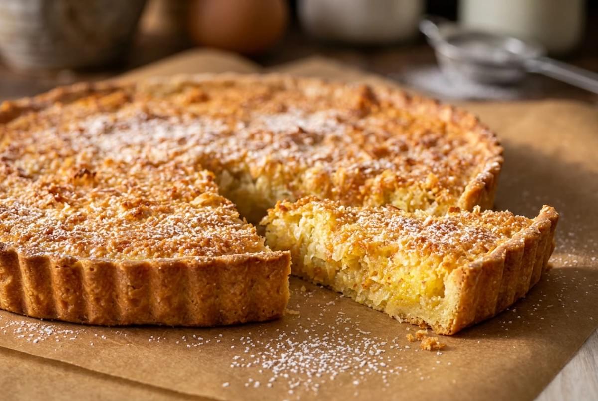 Whole toasted coconut tart lightly dusted with powdered sugar, with a slice cut and set beside it. Whole toasted coconut tart lightly dusted with powdered sugar, with a slice cut and set beside it.