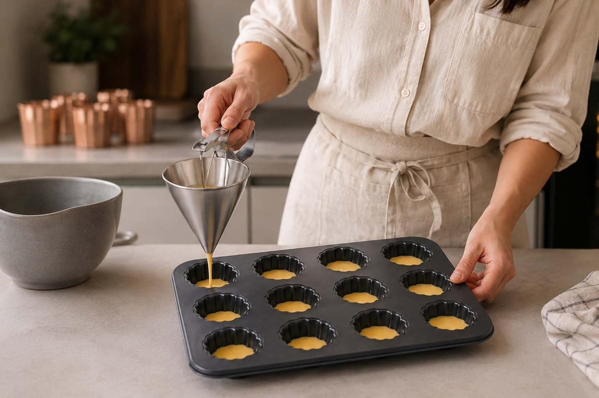 Person pouring batter into a canelé mold using a batter dispenser funnel Person pouring batter into a canelé mold using a batter dispenser funnel