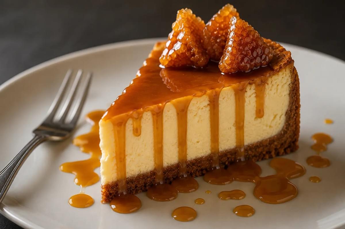 Slice of cheesecake on a plate drizzled with caramel sauce and topped with honeycomb. Slice of cheesecake on a plate drizzled with caramel sauce and topped with honeycomb.