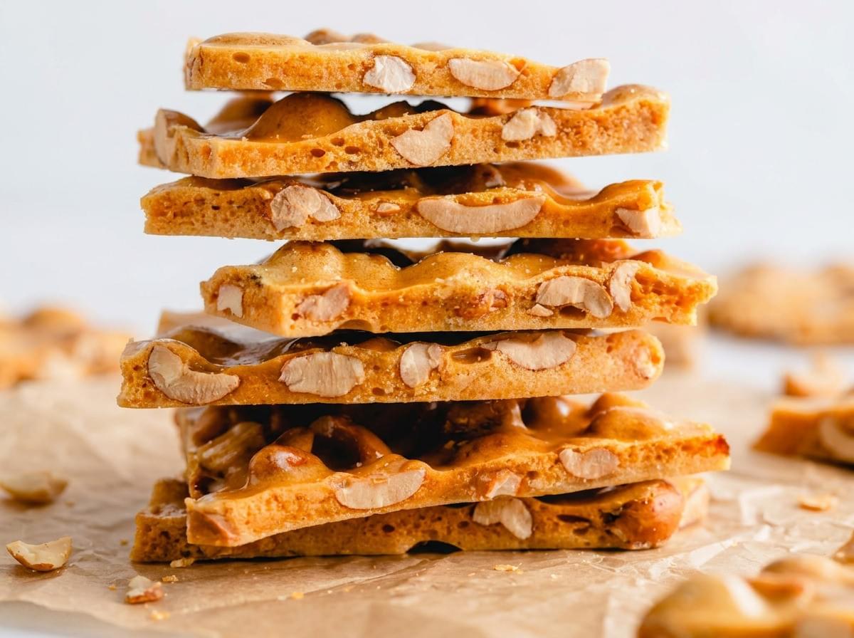 A neat vertical stack of golden-brown peanut brittle pieces showing cross-sections of embedded peanuts, resting on parchment paper. A neat vertical stack of golden-brown peanut brittle pieces showing cross-sections of embedded peanuts, resting on parchment paper.