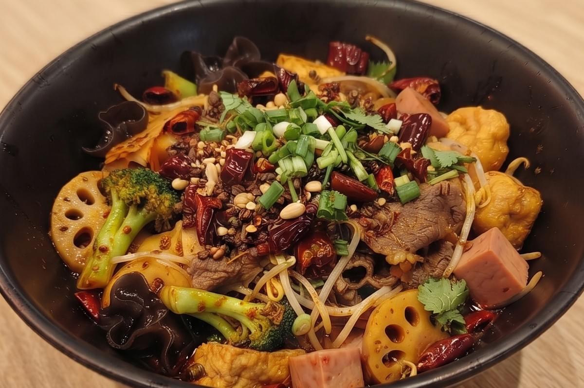 Mala Xiang Guo stir-fry dish served in a black bowl with lotus root, broccoli, and chili peppers. Mala Xiang Guo stir-fry dish served in a black bowl with lotus root, broccoli, and chili peppers.