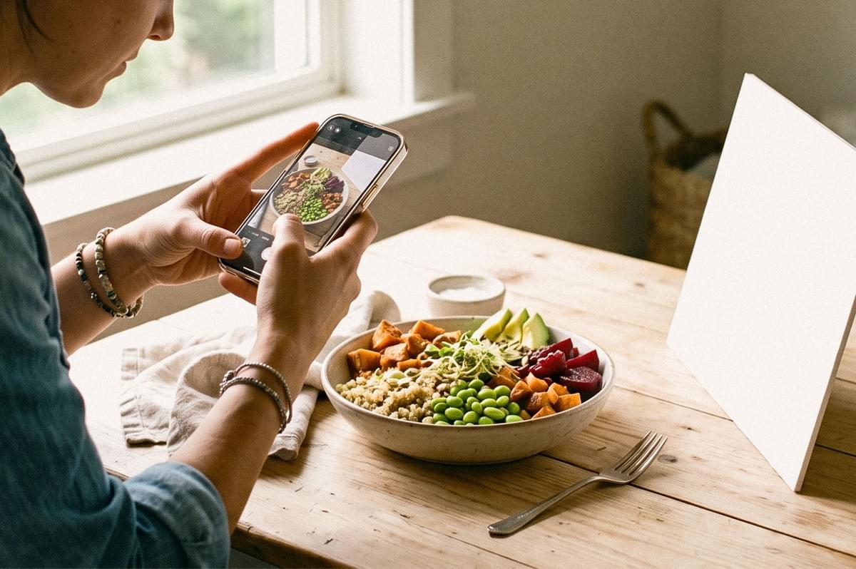 A diner uses a smartphone to photograph a colorful grain bowl topped with vegetables, avocado, edamame, and other ingredients. A diner uses a smartphone to photograph a colorful grain bowl topped with vegetables, avocado, edamame, and other ingredients.