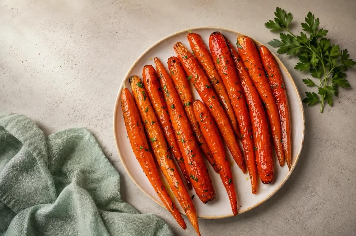 A top-down view of a round white plate filled with whole, roasted, glazed carrots garnished with chopped herbs, set on a textured surface next to a light-colored cloth and fresh parsley sprigs. A top-down view of a round white plate filled with whole, roasted, glazed carrots garnished with chopped herbs, set on a textured surface next to a light-colored cloth and fresh parsley sprigs.