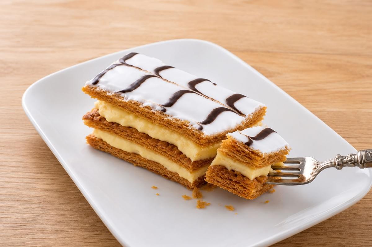 Close-up of a Mille-Feuille slice on a white plate with a fork holding a bite, showing flaky puff pastry layers and cream filling topped with white icing and chocolate drizzle Close-up of a Mille-Feuille slice on a white plate with a fork holding a bite, showing flaky puff pastry layers and cream filling topped with white icing and chocolate drizzle