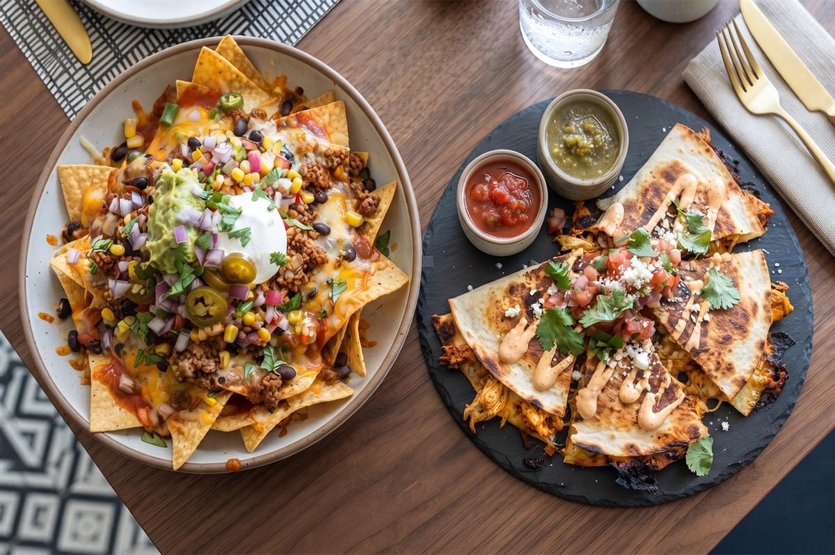 A bowl of loaded nachos alongside a plate of chicken quesadillas with salsa and guacamole on a wooden table. A bowl of loaded nachos alongside a plate of chicken quesadillas with salsa and guacamole on a wooden table.