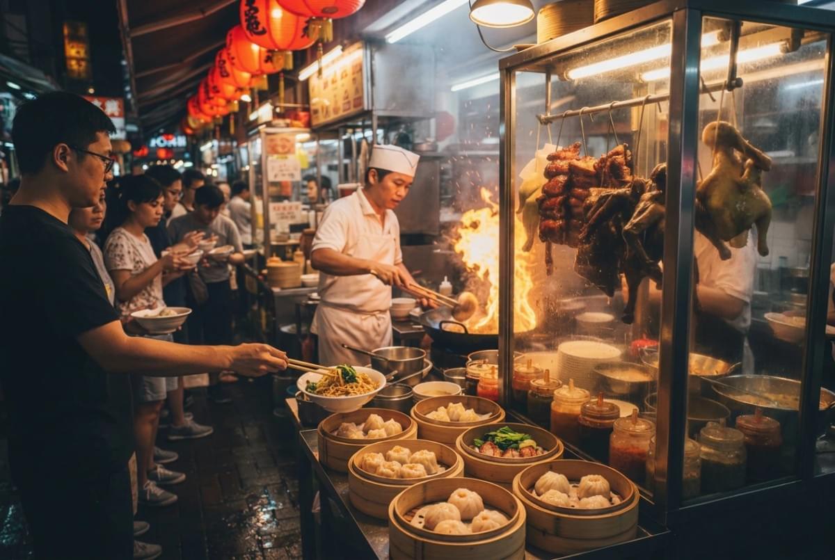Street vendor stir-frying noodles in a flaming wok beside bamboo dim sum steamers at a night market. Street vendor stir-frying noodles in a flaming wok beside bamboo dim sum steamers at a night market.