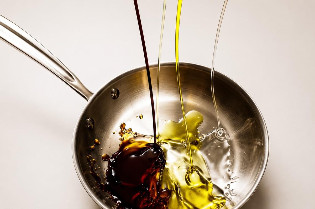An overhead view of three different liquids—dark soy sauce, golden oil, and clear vinegar—pouring simultaneously into a stainless steel frying pan. An overhead view of three different liquids—dark soy sauce, golden oil, and clear vinegar—pouring simultaneously into a stainless steel frying pan.