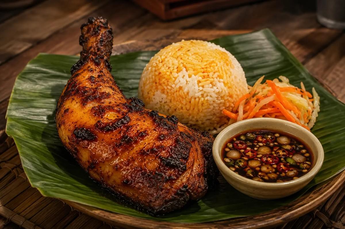 "A grilled chicken leg quarter served on a banana leaf with rice, pickled papaya, and a small bowl of dipping sauce.” "A grilled chicken leg quarter served on a banana leaf with rice, pickled papaya, and a small bowl of dipping sauce.”