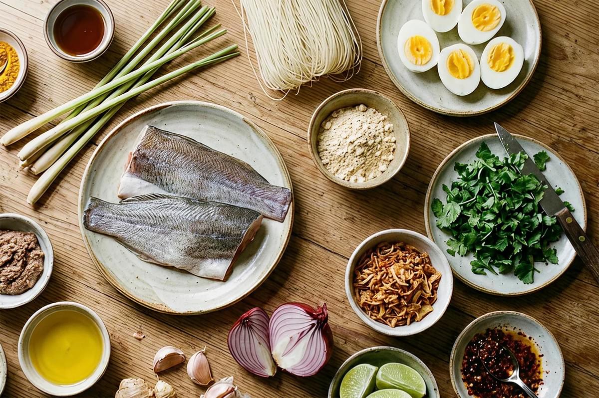 A flat-lay, documentary-style photograph of fresh ingredients for Mohinga arranged on a rustic wooden table. The composition includes two raw fish fillets on a ceramic plate, bundles of green lemongrass, a mound of thin dried rice noodles, and several halved hard-boiled eggs. Smaller bowls contain various aromatics and seasonings: red chili flakes, turmeric powder, fish paste, oil, sliced red onions, garlic cloves, fresh lime wedges, and chopped cilantro. The scene has a clean, editorial feel with natural lighting and realistic textures. A flat-lay, documentary-style photograph of fresh ingredients for Mohinga arranged on a rustic wooden table. The composition includes two raw fish fillets on a ceramic plate, bundles of green lemongrass, a mound of thin dried rice noodles, and several halved hard-boiled eggs. Smaller bowls contain various aromatics and seasonings: red chili flakes, turmeric powder, fish paste, oil, sliced red onions, garlic cloves, fresh lime wedges, and chopped cilantro. The scene has a clean, editorial feel with natural lighting and realistic textures.