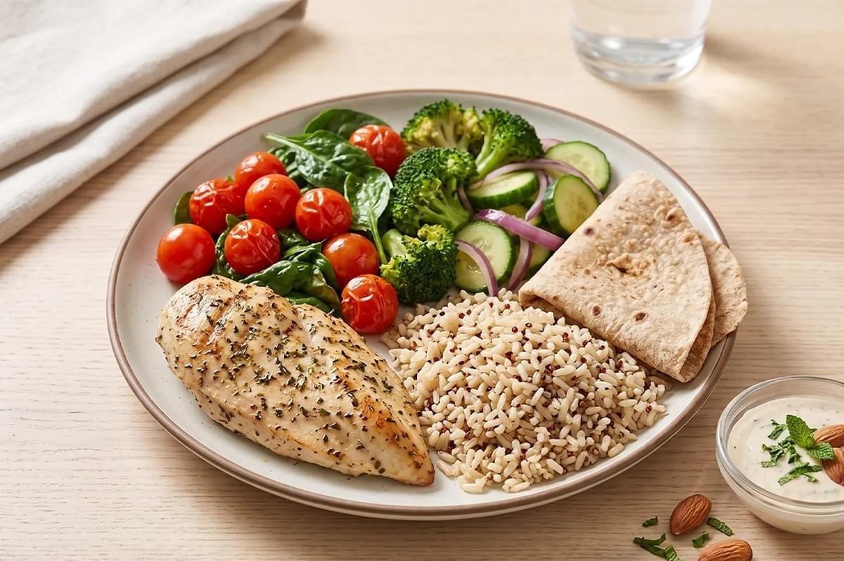 Grilled chicken breast meal prep plate with brown rice, broccoli, roasted cherry tomatoes, and whole wheat flatbread. Grilled chicken breast meal prep plate with brown rice, broccoli, roasted cherry tomatoes, and whole wheat flatbread.