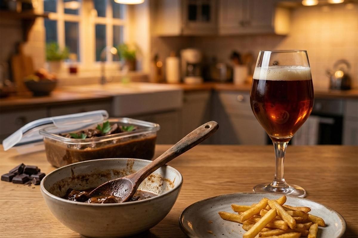 A warm, cozy kitchen scene featuring a bowl of beef stew, a glass of dark ale, and french fries on a wooden table. A warm, cozy kitchen scene featuring a bowl of beef stew, a glass of dark ale, and french fries on a wooden table.