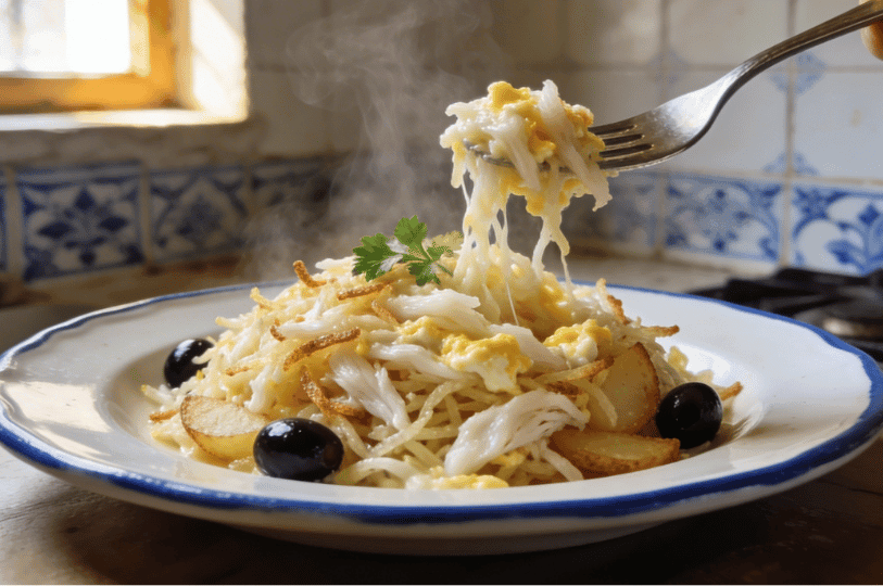 A fork lifting a steaming bite of Bacalhau à Brás from the plate, illustrating the tender, creamy consistency of the eggs and the flakey texture of the Portuguese salt cod. A fork lifting a steaming bite of Bacalhau à Brás from the plate, illustrating the tender, creamy consistency of the eggs and the flakey texture of the Portuguese salt cod.