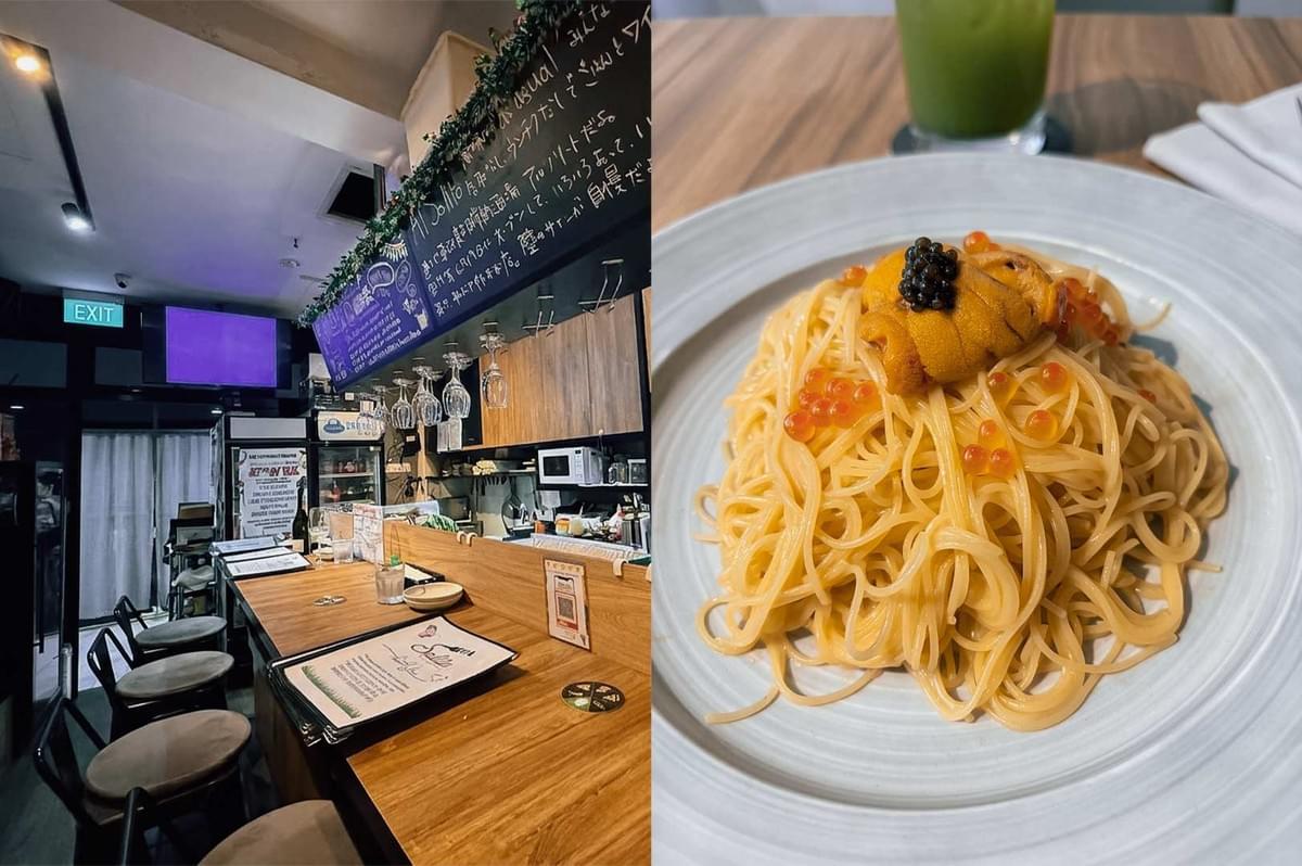 A two-panel collage highlighting an Italian-Japanese bistro dining experience: the left panel shows a cozy bar counter with high stools, a chalkboard menu written in Japanese above hanging wine glasses, and open kitchen views; the right panel shows a close-up of a plate of pasta topped with fresh uni (sea urchin), caviar, and salmon roe (ikura). A two-panel collage highlighting an Italian-Japanese bistro dining experience: the left panel shows a cozy bar counter with high stools, a chalkboard menu written in Japanese above hanging wine glasses, and open kitchen views; the right panel shows a close-up of a plate of pasta topped with fresh uni (sea urchin), caviar, and salmon roe (ikura).