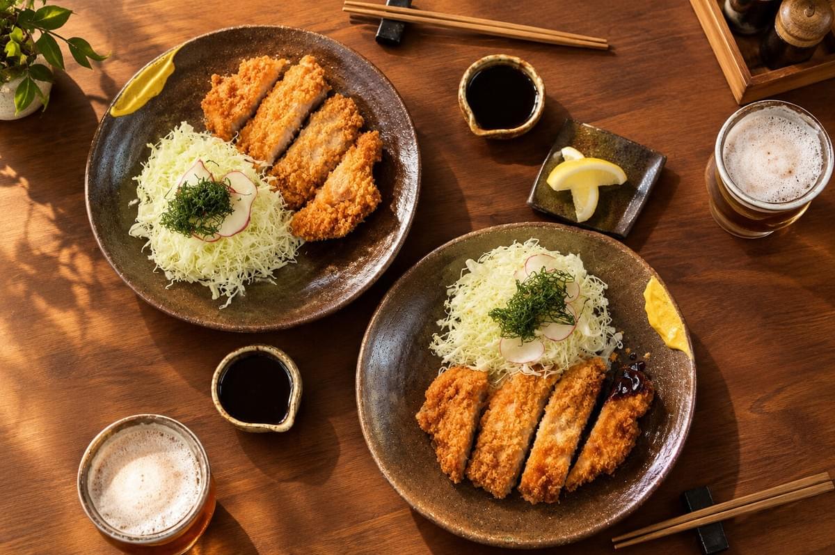 Crispy tonkatsu cutlet drizzled with sesame sauce, served alongside shredded cabbage and cherry tomatoes. Crispy tonkatsu cutlet drizzled with sesame sauce, served alongside shredded cabbage and cherry tomatoes.