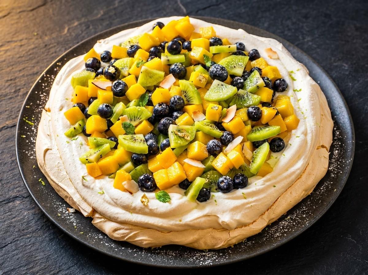 A side view of a slice of pavlova roll on a dark plate, showing its delicate, cracked golden-brown meringue crust, a thick layer of whipped cream, and juicy red strawberries inside. A side view of a slice of pavlova roll on a dark plate, showing its delicate, cracked golden-brown meringue crust, a thick layer of whipped cream, and juicy red strawberries inside.