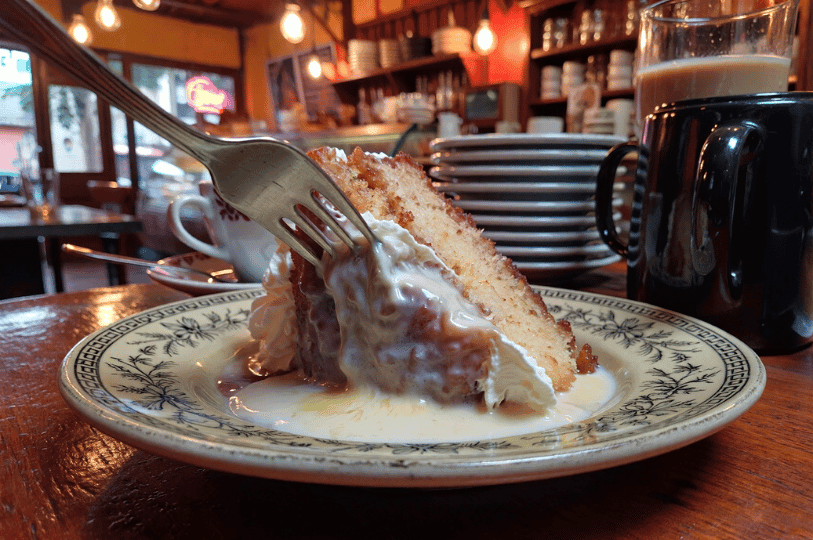 A close-up of a fork pressing into a moist slice of Tres Leches cake in a cozy café setting, highlighting the milk-soaked sponge and velvety cream topping. A close-up of a fork pressing into a moist slice of Tres Leches cake in a cozy café setting, highlighting the milk-soaked sponge and velvety cream topping.