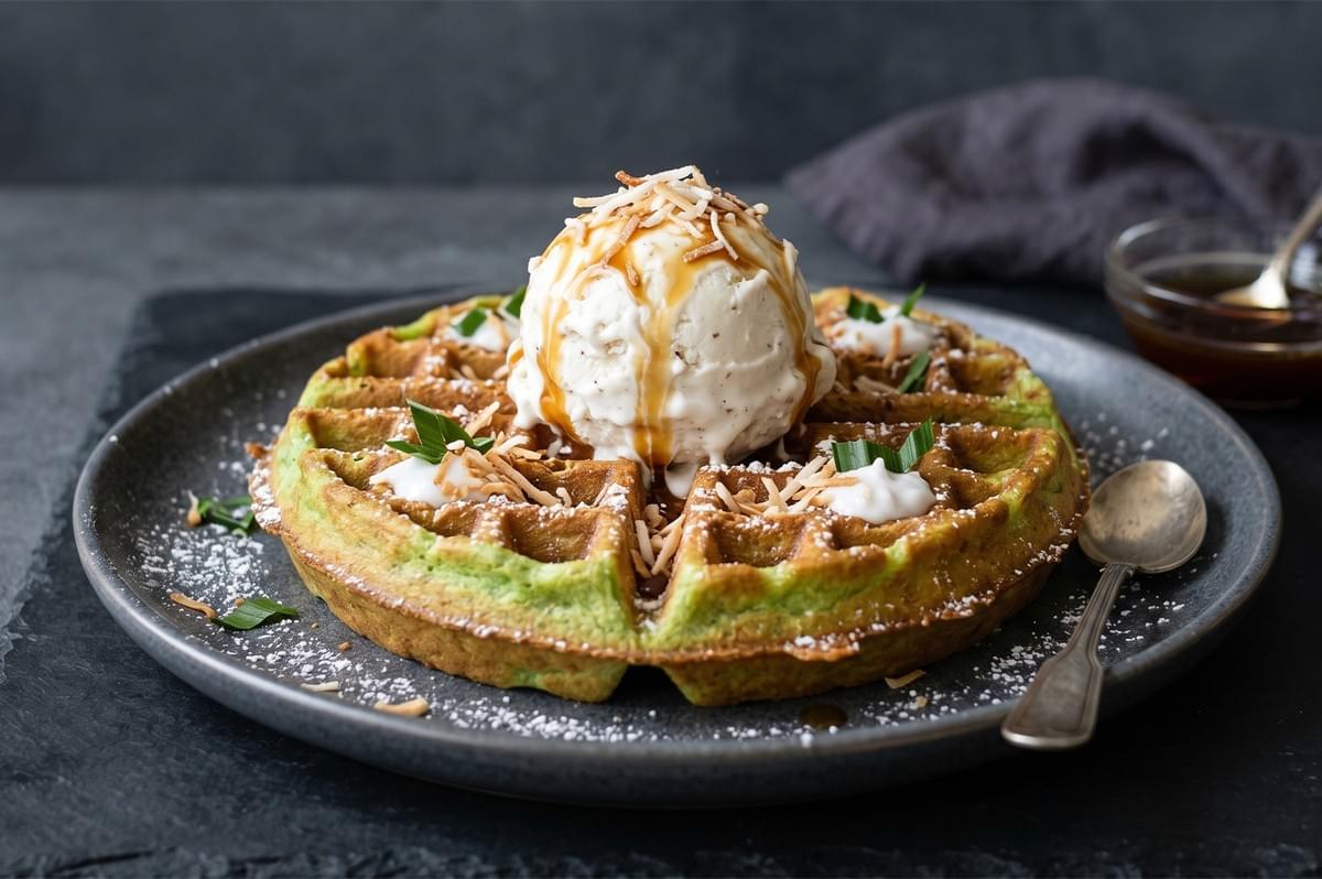Pandan waffle with coconut ice cream and gula melaka syrup. Pandan waffle with coconut ice cream and gula melaka syrup.