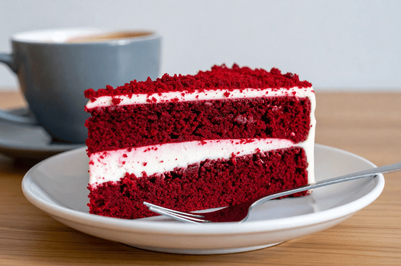 A slice of bright red velvet cake with a fluffy, tender texture on a white plate with a fork, served alongside a cup of coffee. A slice of bright red velvet cake with a fluffy, tender texture on a white plate with a fork, served alongside a cup of coffee.