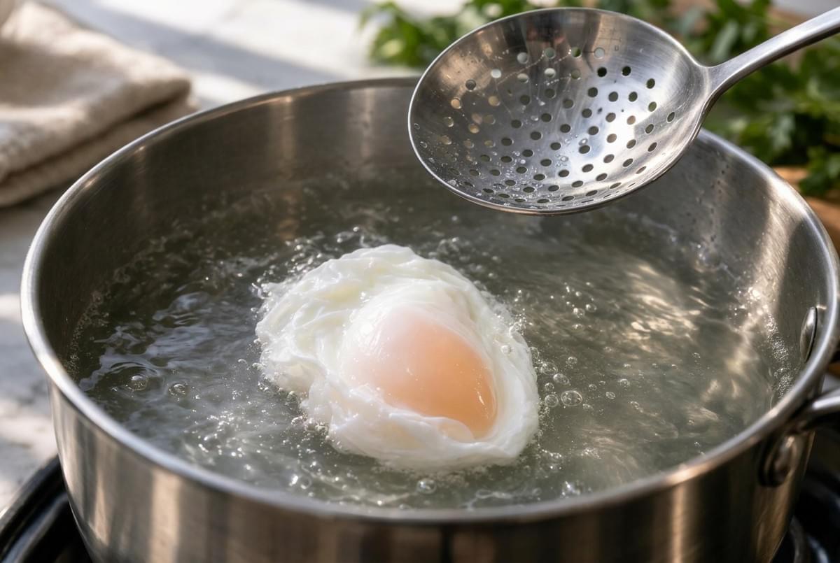 Poached egg simmering in boiling water in a stainless steel pot next to a slotted spoon. Poached egg simmering in boiling water in a stainless steel pot next to a slotted spoon.