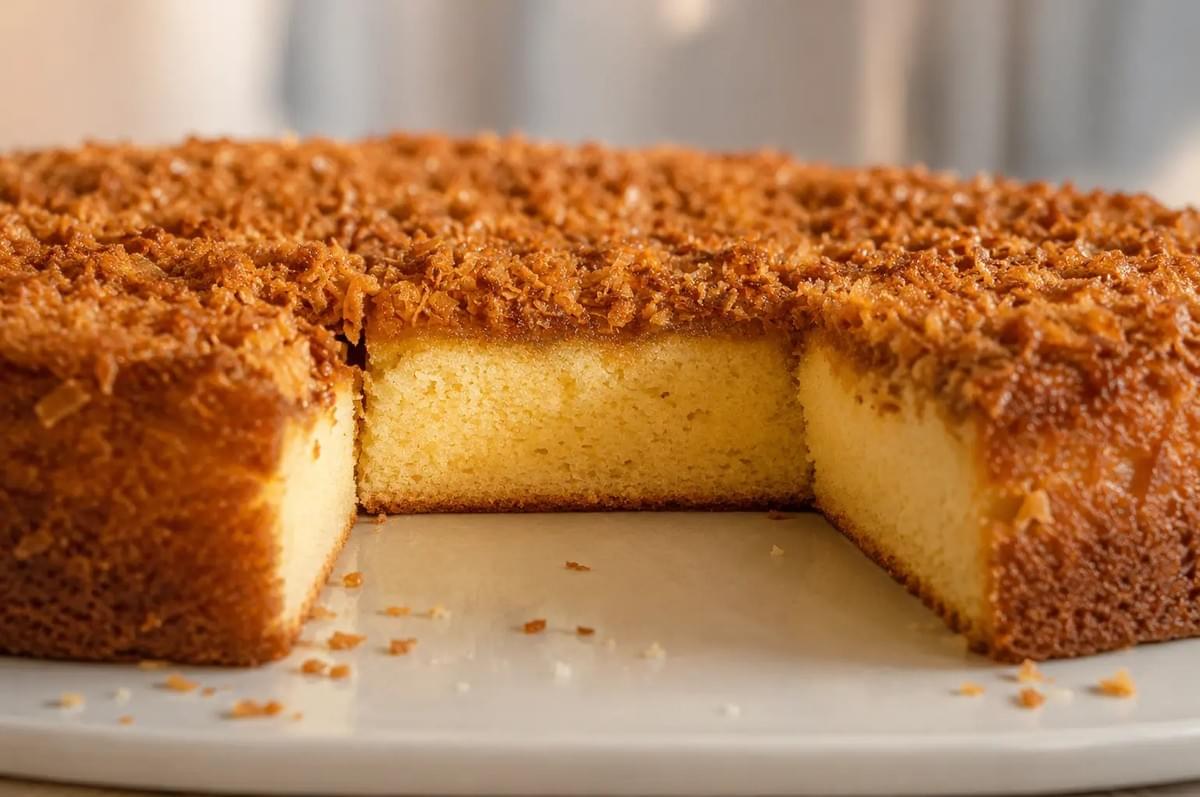 A round cake featuring a caramelized coconut layer, with one slice removed to show the interior. A round cake featuring a caramelized coconut layer, with one slice removed to show the interior.