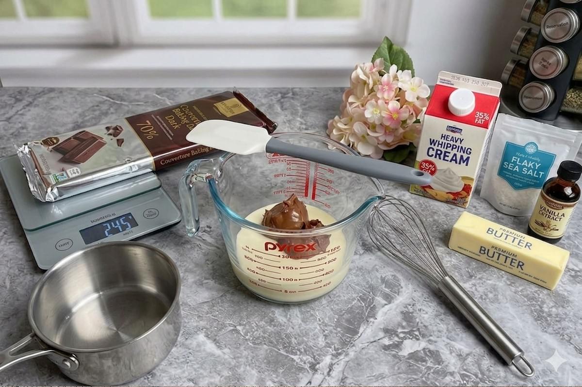Ingredients for chocolate ganache including dark chocolate, heavy cream, butter, and vanilla extract on a marble counter Ingredients for chocolate ganache including dark chocolate, heavy cream, butter, and vanilla extract on a marble counter
