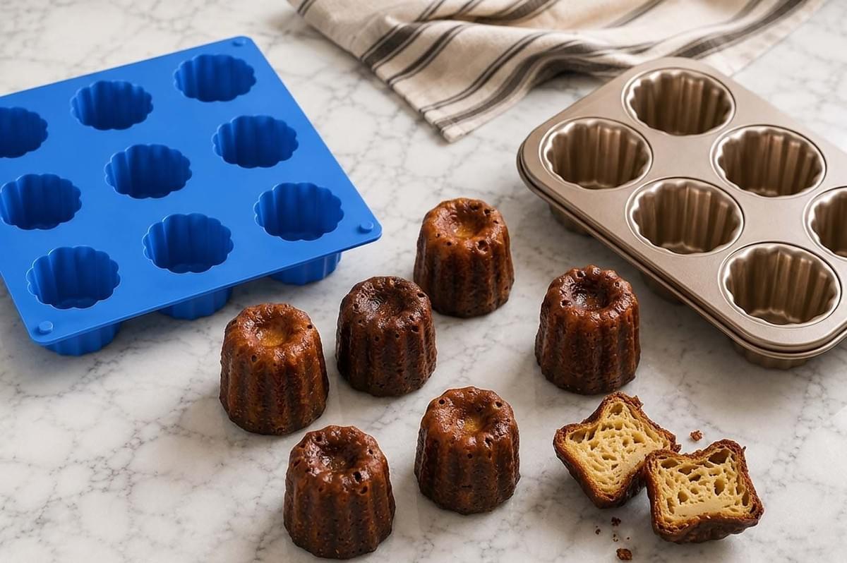 Freshly baked canelés on a marble counter next to blue silicone and metal molds, with one cut open to show the honeycomb interior Freshly baked canelés on a marble counter next to blue silicone and metal molds, with one cut open to show the honeycomb interior
