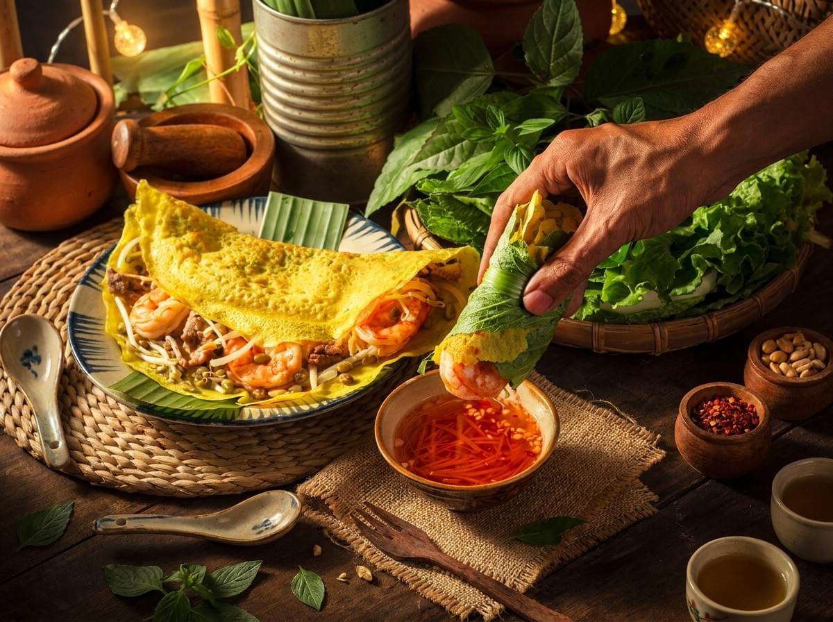 A hand dipping a leaf-wrapped piece of Vietnamese bánh xèo into a bowl of dipping sauce, next to a large, crispy crepe filled with shrimp and pork on a rustic wooden table. A hand dipping a leaf-wrapped piece of Vietnamese bánh xèo into a bowl of dipping sauce, next to a large, crispy crepe filled with shrimp and pork on a rustic wooden table.