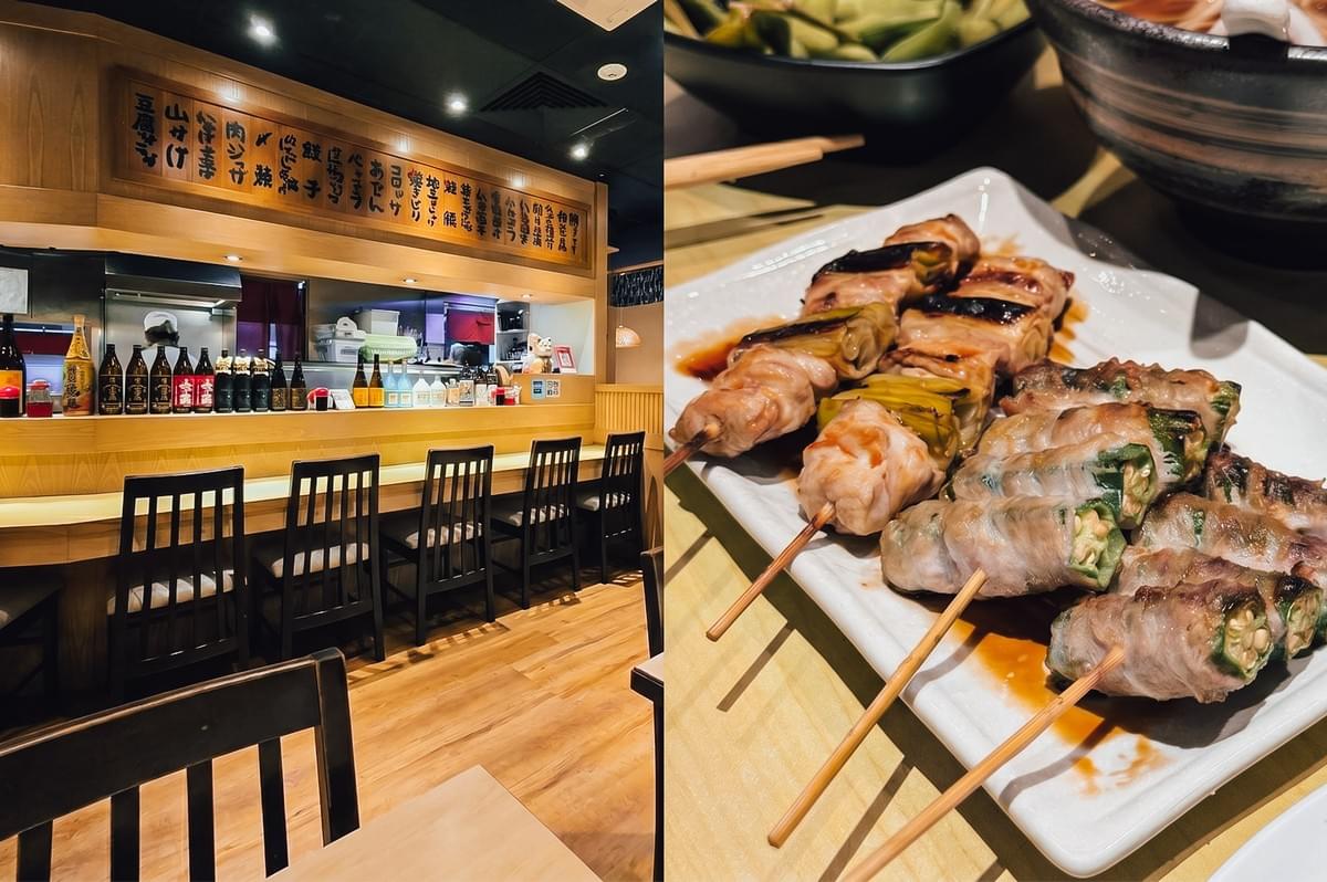 Left: Wide-angle, eye-level view of a small eatery with tiled floors, wooden stools, metal shelves, and an open kitchen under fluorescent lighting; Right: Close-up, slightly top-down shot of a noodle bowl with vegetables, braised pieces, and sauce on a wooden table. Left: Wide-angle, eye-level view of a small eatery with tiled floors, wooden stools, metal shelves, and an open kitchen under fluorescent lighting; Right: Close-up, slightly top-down shot of a noodle bowl with vegetables, braised pieces, and sauce on a wooden table.