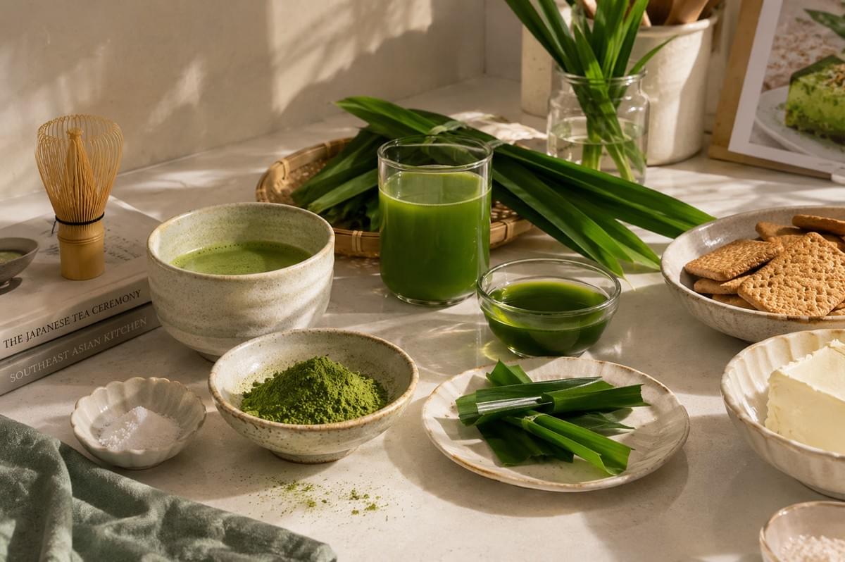 A bright, sunlit kitchen counter is arranged with fresh ingredients and tools for preparing pandan and matcha recipes. The spread includes fresh green pandan leaves tied into bundles and standing in a glass jar, a glass of vibrant green pandan extract, a ceramic bowl of fine matcha powder, a bowl of prepared matcha tea, a bamboo tea whisk (chasen), digestive biscuits in a bowl, a block of cream cheese, and cookbooks resting in the background. A bright, sunlit kitchen counter is arranged with fresh ingredients and tools for preparing pandan and matcha recipes. The spread includes fresh green pandan leaves tied into bundles and standing in a glass jar, a glass of vibrant green pandan extract, a ceramic bowl of fine matcha powder, a bowl of prepared matcha tea, a bamboo tea whisk (chasen), digestive biscuits in a bowl, a block of cream cheese, and cookbooks resting in the background.