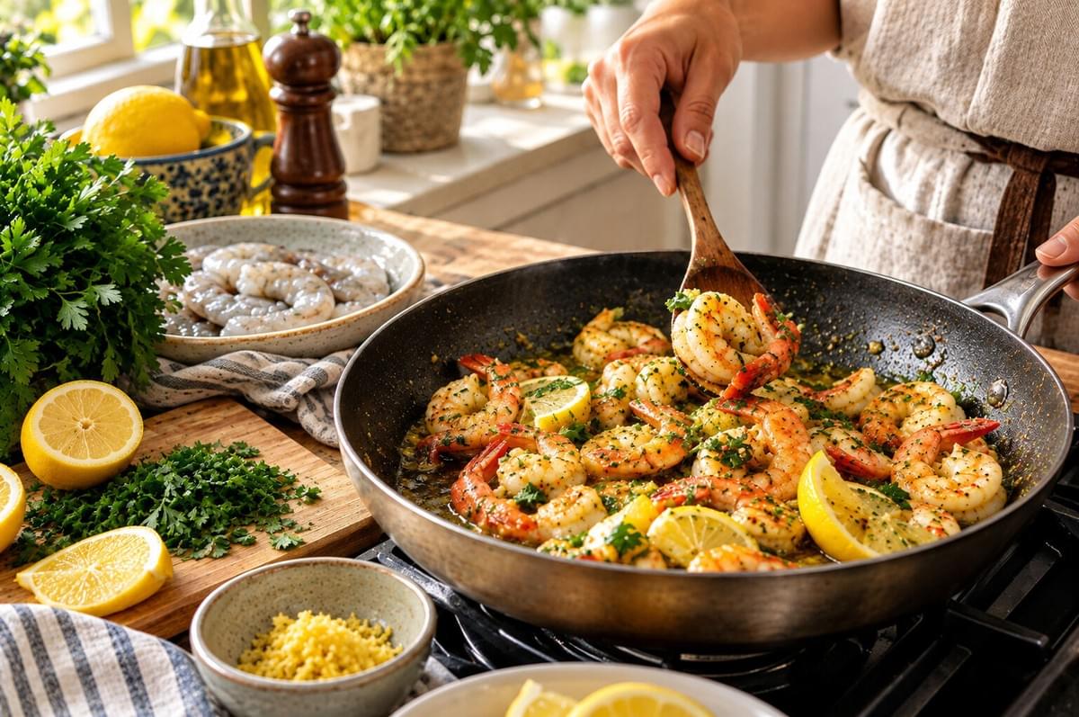 A cook tossing garlic butter shrimp with fresh herbs in a skillet on the stove. A cook tossing garlic butter shrimp with fresh herbs in a skillet on the stove.