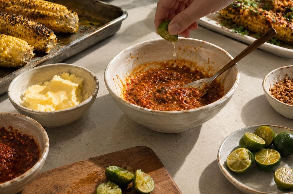 A hand squeezes juice from a halved calamansi lime into a small ceramic bowl containing a thick, reddish-orange sambal butter mix. The workstation is arranged with ingredients including softened butter, chili paste, crispy shallots, sliced limes, and charred corn cobs on a baking sheet in the background. A hand squeezes juice from a halved calamansi lime into a small ceramic bowl containing a thick, reddish-orange sambal butter mix. The workstation is arranged with ingredients including softened butter, chili paste, crispy shallots, sliced limes, and charred corn cobs on a baking sheet in the background.