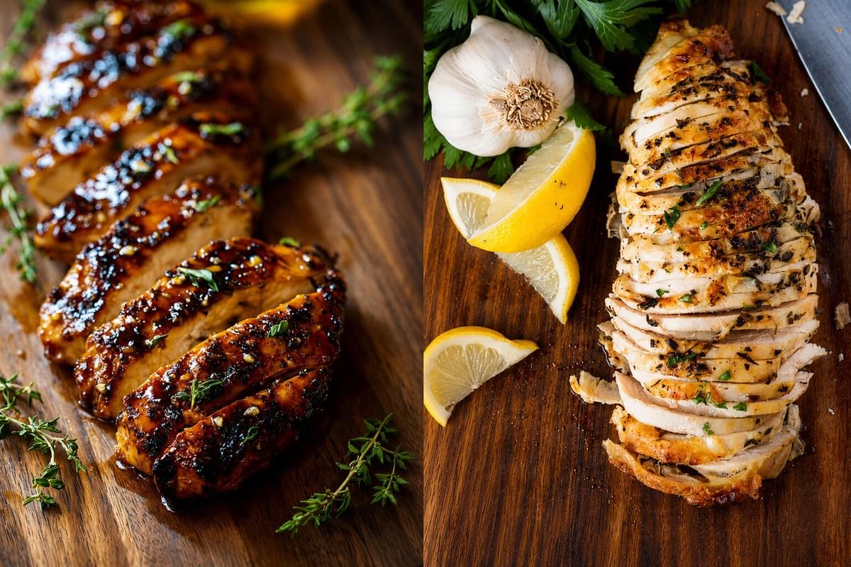 A side-by-side comparison of sliced, cooked chicken breasts on wooden cutting boards: the left side shows chicken with a dark, glossy, herbed glaze, while the right side features a lighter, herb-rubbed roasted chicken breast served with lemon wedges and a head of garlic. A side-by-side comparison of sliced, cooked chicken breasts on wooden cutting boards: the left side shows chicken with a dark, glossy, herbed glaze, while the right side features a lighter, herb-rubbed roasted chicken breast served with lemon wedges and a head of garlic.