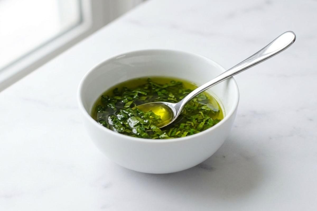 White bowl of fresh basil-infused olive oil with metal spoon on marble countertop White bowl of fresh basil-infused olive oil with metal spoon on marble countertop