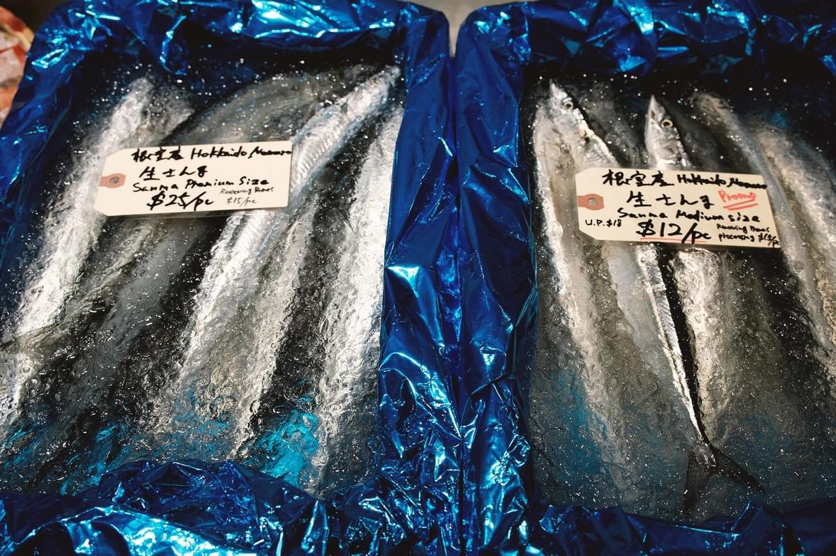 Close up of Sanma fish submerged in water in a container wrapped in blue glossy material with respective price tag Close up of Sanma fish submerged in water in a container wrapped in blue glossy material with respective price tag