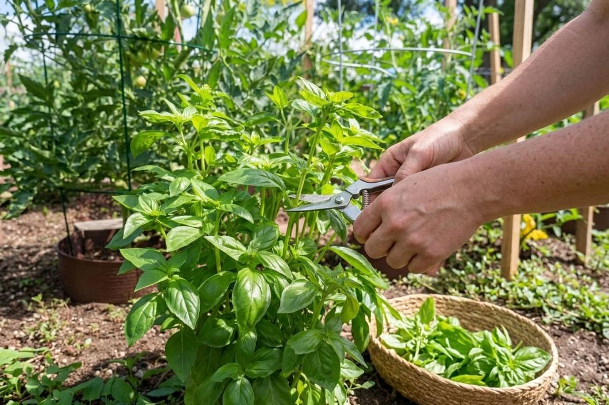 Person harvesting fresh basil with pruning shears in garden, placing cut leaves in woven basket Person harvesting fresh basil with pruning shears in garden, placing cut leaves in woven basket