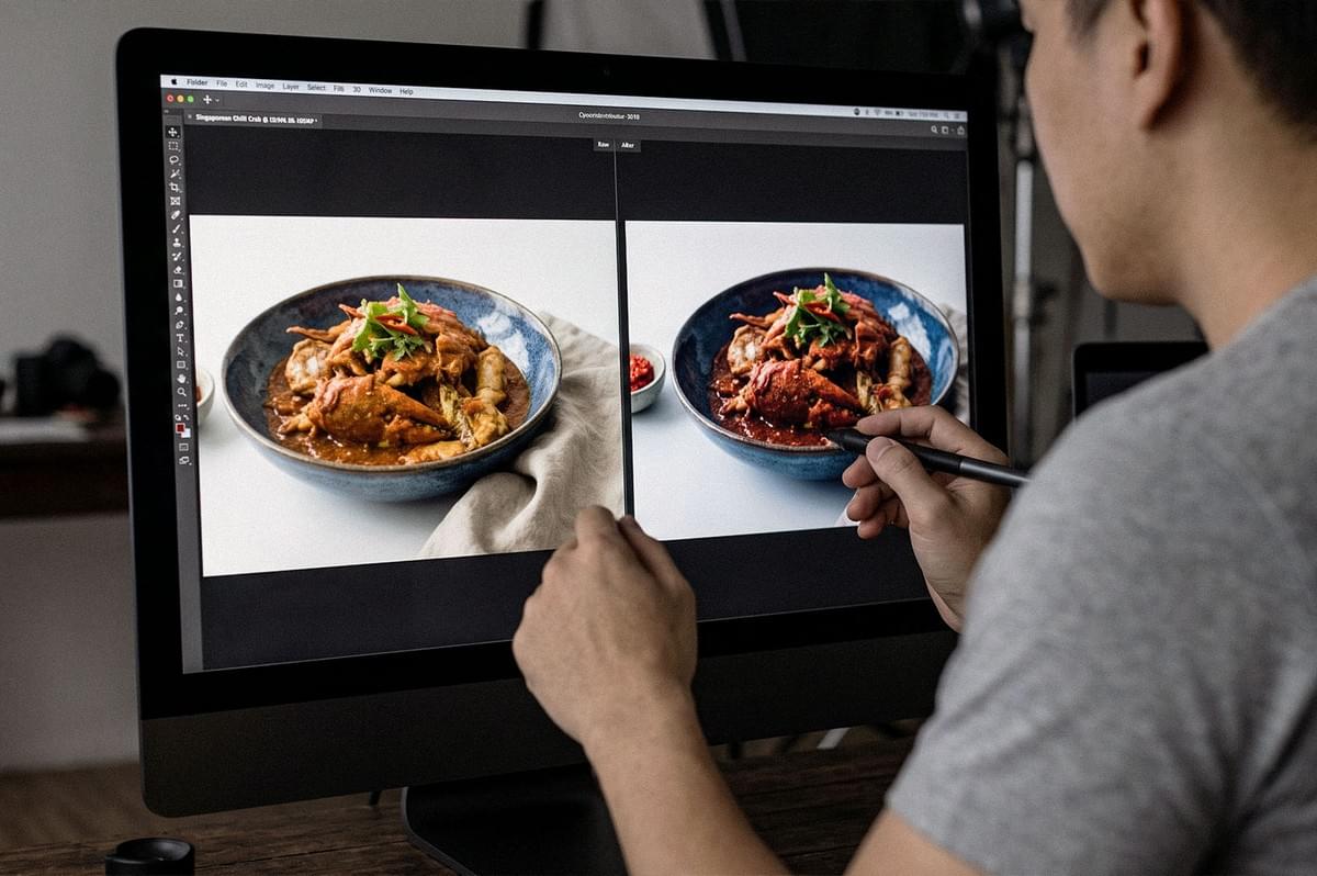 Photographer editing food photos on a desktop monitor, comparing two versions of a plated dish side by side. Photographer editing food photos on a desktop monitor, comparing two versions of a plated dish side by side.