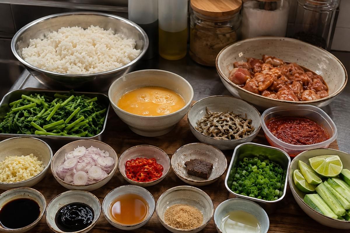 An overhead array of mis en place ingredients arranged across a wooden kitchen counter includes a bowl of cooked white rice, whisked eggs, leafy greens, marinated chicken pieces, dried anchovies, sambal, red chili slices, chopped shallots, minced garlic, shrimp paste, chopped scallions, cucumber slices, lime wedges, and various liquid seasonings in small ceramic bowls. An overhead array of mis en place ingredients arranged across a wooden kitchen counter includes a bowl of cooked white rice, whisked eggs, leafy greens, marinated chicken pieces, dried anchovies, sambal, red chili slices, chopped shallots, minced garlic, shrimp paste, chopped scallions, cucumber slices, lime wedges, and various liquid seasonings in small ceramic bowls.