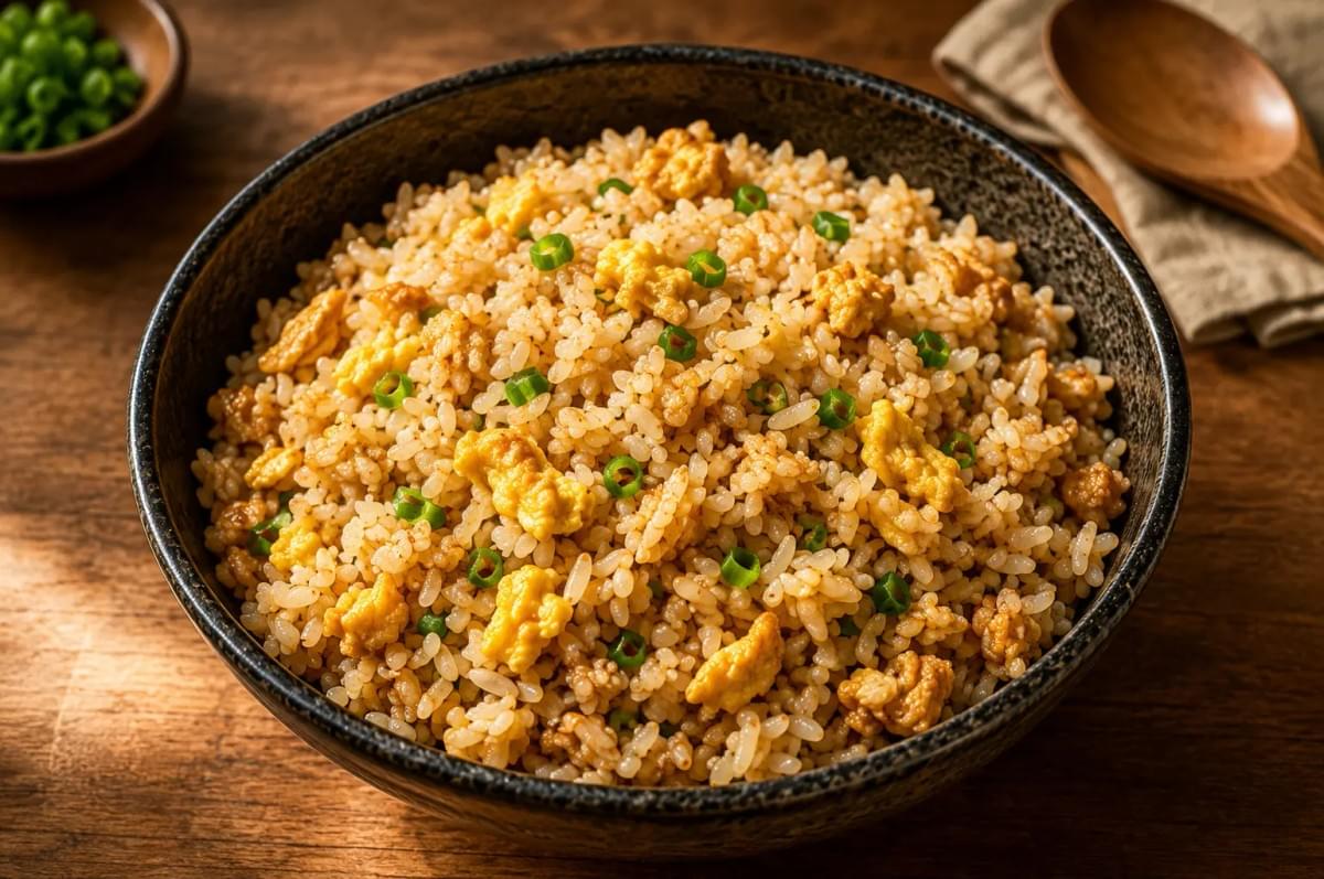A large ceramic bowl filled with fragrant egg fried rice topped with scrambled egg pieces and fresh chopped green onions. A large ceramic bowl filled with fragrant egg fried rice topped with scrambled egg pieces and fresh chopped green onions.