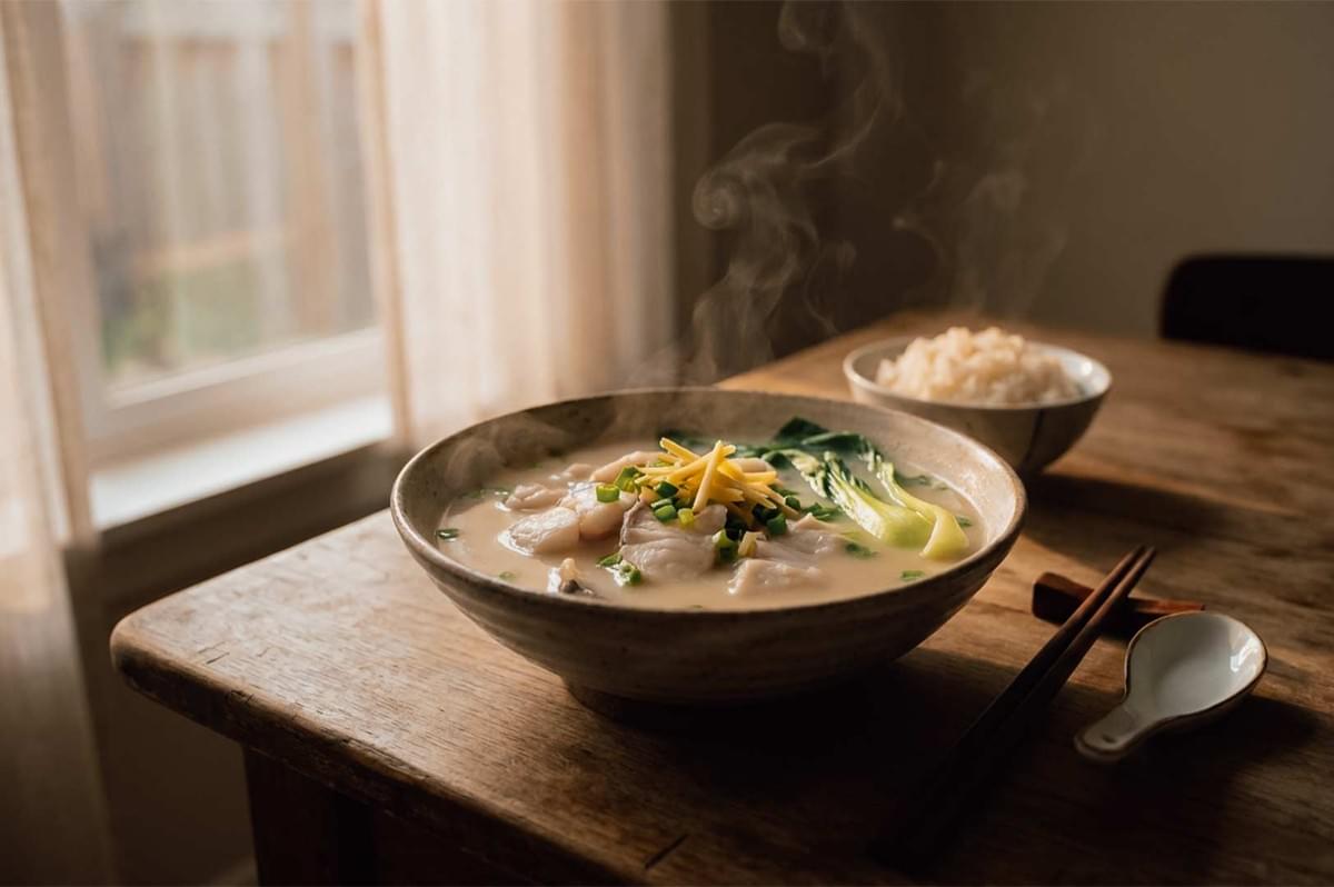 A steaming bowl of hawker-style sliced fish soup served on a wooden table alongside a bowl of white rice, chopsticks, and a spoon. A steaming bowl of hawker-style sliced fish soup served on a wooden table alongside a bowl of white rice, chopsticks, and a spoon.