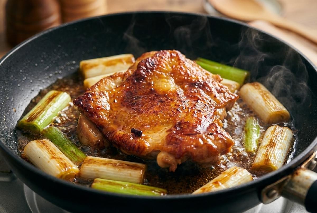 Pan-searing chicken thigh in teriyaki sauce with sliced green onions. Pan-searing chicken thigh in teriyaki sauce with sliced green onions.