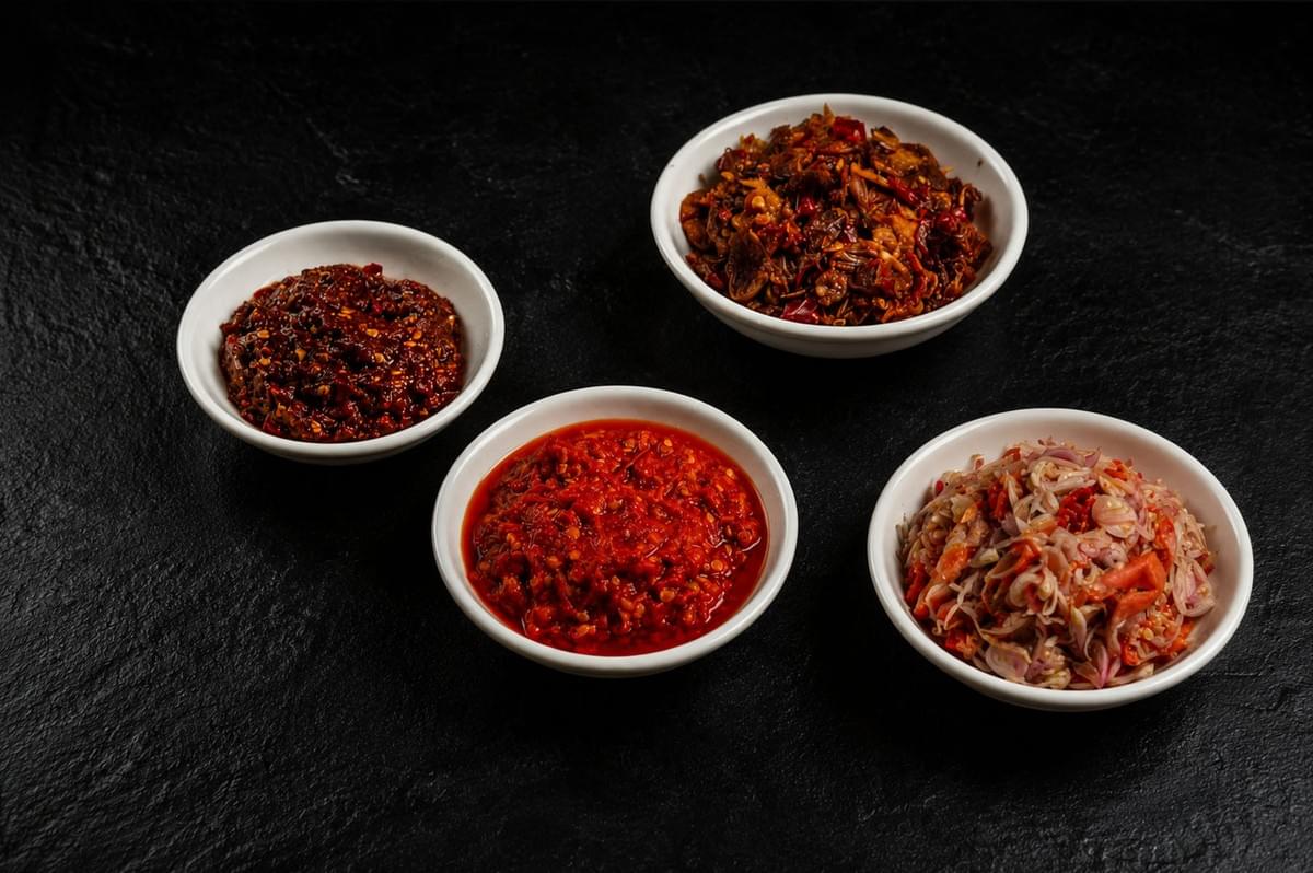 Four white bowls displaying different varieties of Indonesian sambal chili paste on dark surface Four white bowls displaying different varieties of Indonesian sambal chili paste on dark surface